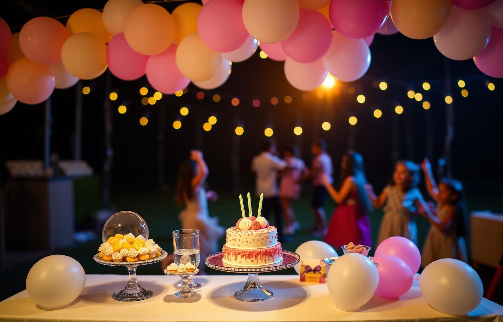 Fiesta infantil MORITA con pastel, globos y luces de noche